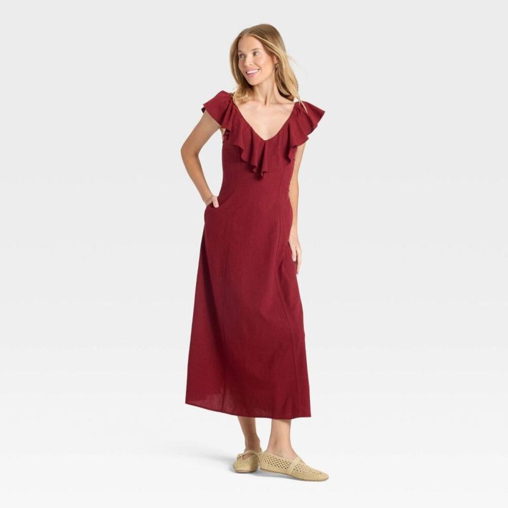 Women's Ruffle Sleeve Maxi A-Line Dress - Universal Thread Maroon XS
